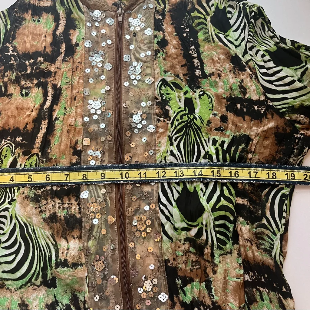 Vintage Sequin Zip Up Brown and Green Zebra Print Cardigan Size L - Image 6