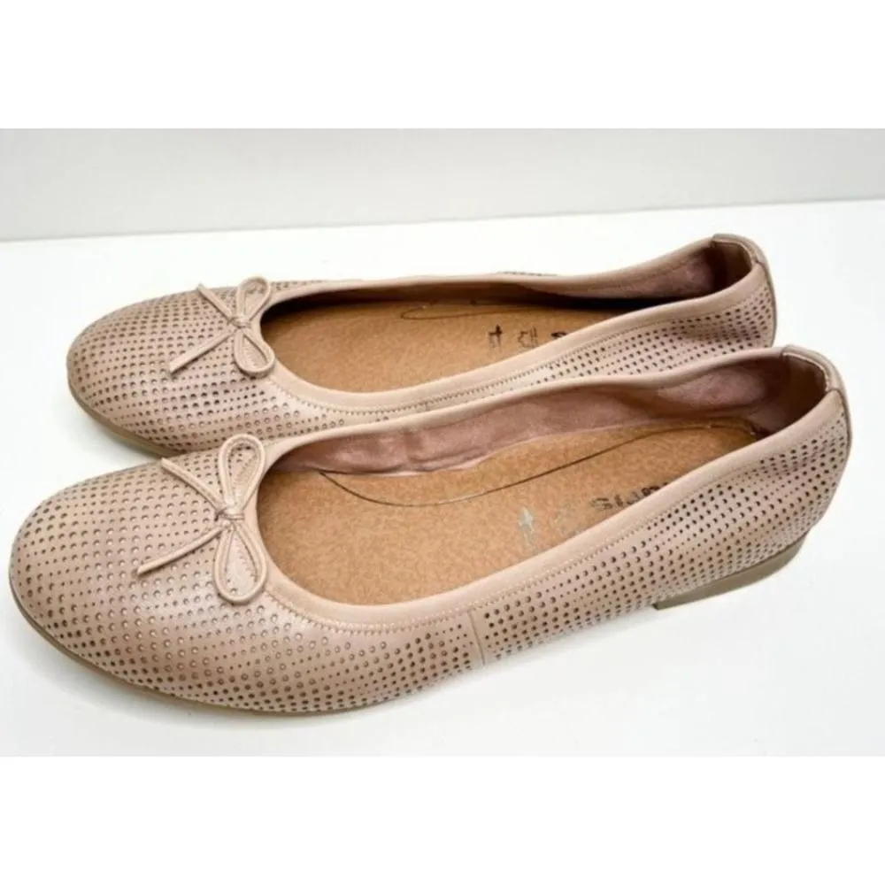 Tamaris Ballet Flats Perforated Leather Bow Accent Slip On Shoes Size 9.5 Tan - Image 3