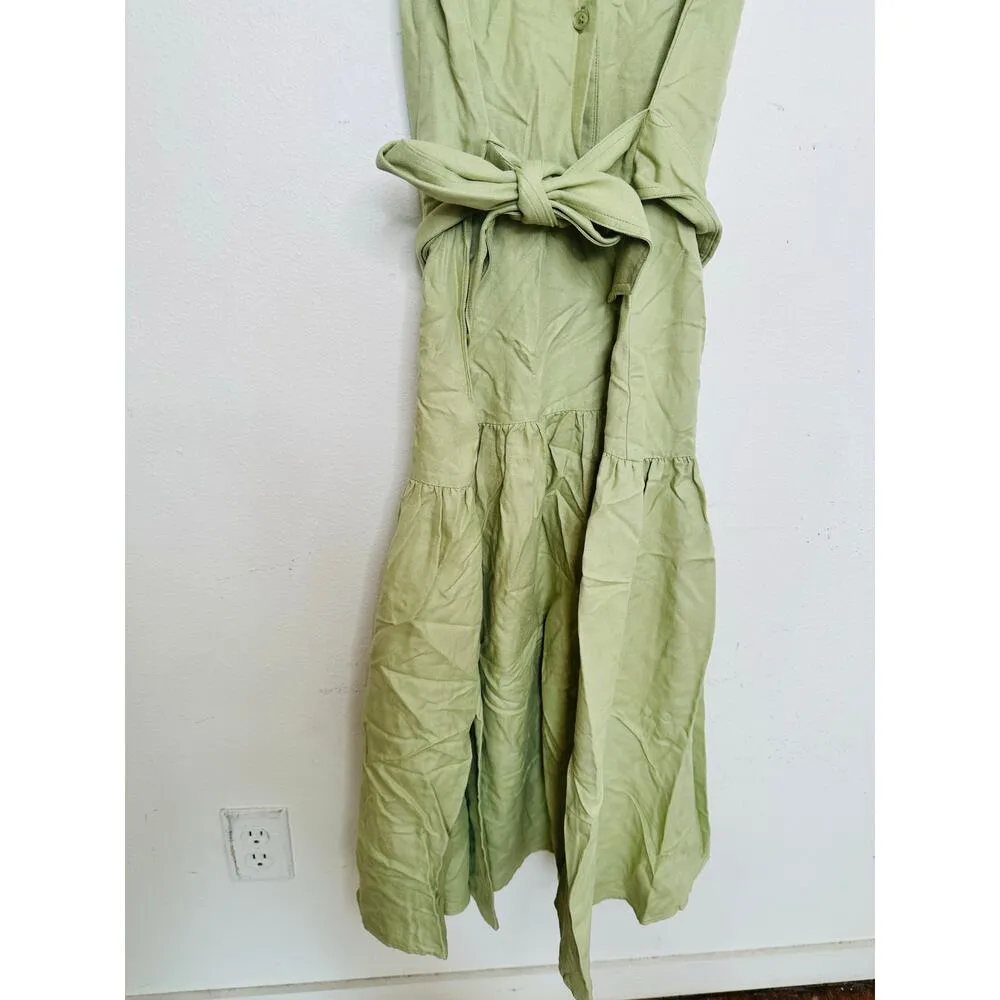 MARISSA WEBB Light Green Linen Blend Front Button Tie Waist Midi Dress Size XS - Image 7