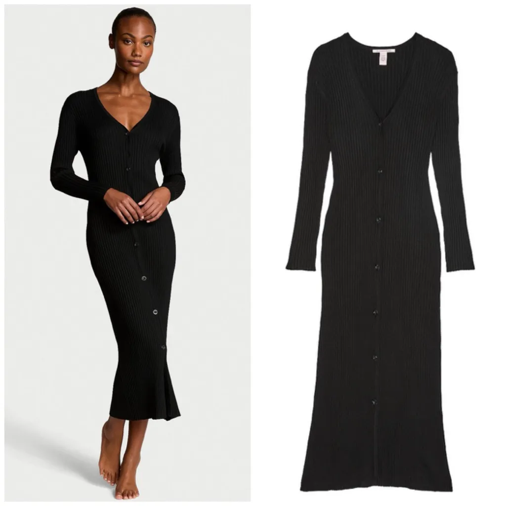 Victoria’s Secret Black Ribbed Knit Button Front Long Cardigan Sweater Dress XL - Image 2