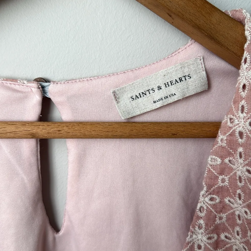 Saints & Hearts Blush Pink Boho Long Bell Sleeve Crop Peplum Deep V Neck Blouse Size L - Image 2