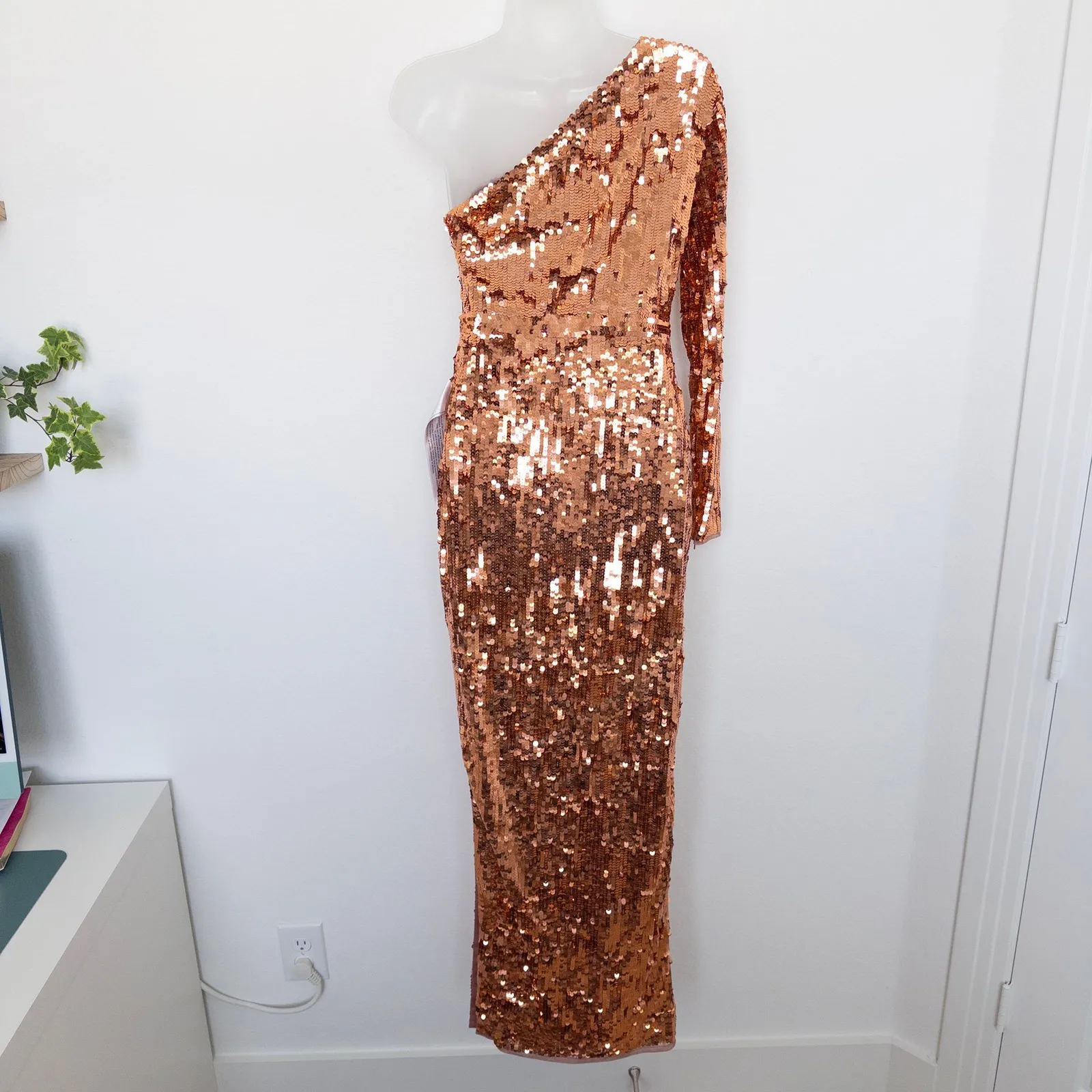 Mac Duggal Womens Dress Size 2 Copper Sequin One Shoulder Maxi Gown Formal Glam - Image 9