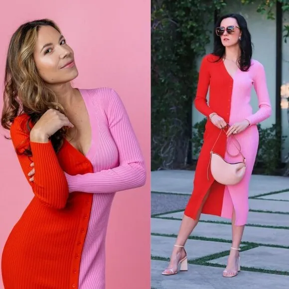 Staud Shoko Ribbed Cardigan Sweater Dress Colorblock Two Tone Midi Pink Red - Image 2