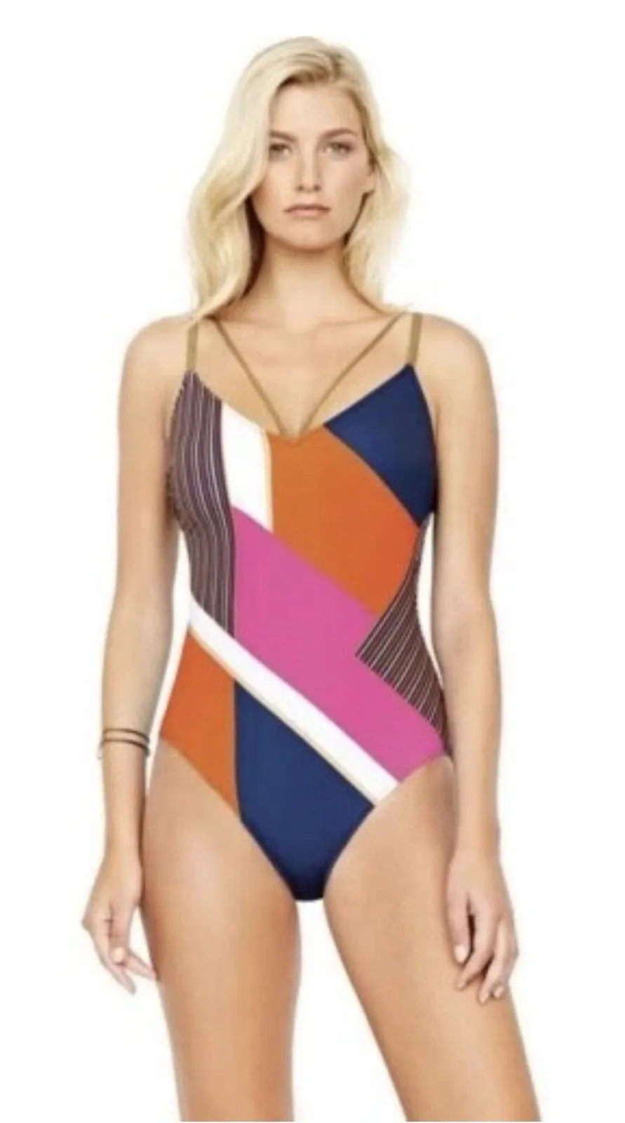 NWT GOTTEX MARITIME ORANGE V-NECK STRAPPY BACK ONE-PIECE SWIMSUIT Size 8 - Image 1