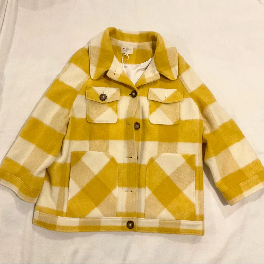 NWOT Sezane Alda plaid coat yellow tiles check oversize look SZ40 US8  bust48 in - Image 2