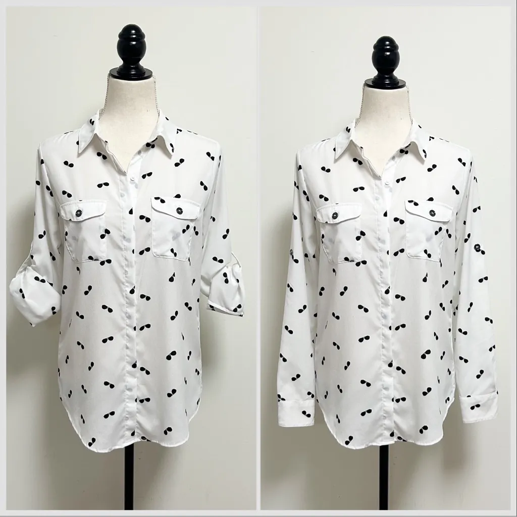 Karl Lagerfeld White Black Sunglasses Roll Tab Sleeve Button Up Collar Blouse XS - Image 3
