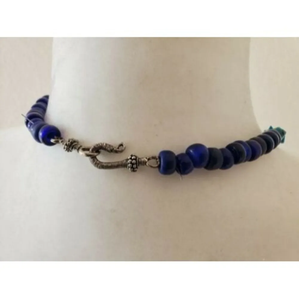 Handmade Turquoise Glass Bead Agate Necklace Loop Closure Pierced Pendant - Image 7