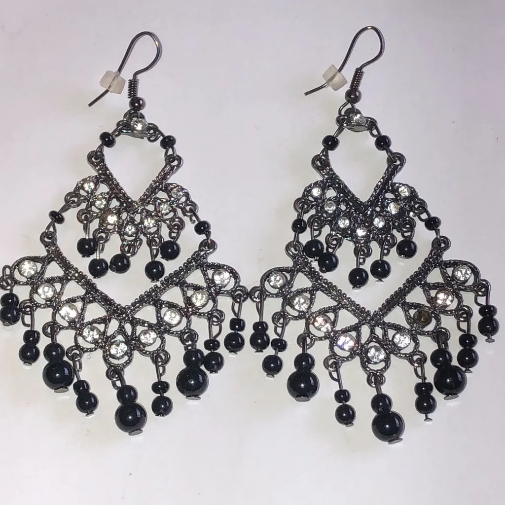 Elegant Black and Dark Metal Gunmetal Gray Boho Chandelier Earrings - Image 3