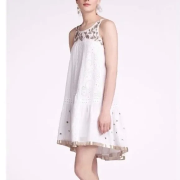 Anthropologie Leifnotes White Eyelet Gold Trim Beaded Sleeveless Dress Size 2‎ - Image 3
