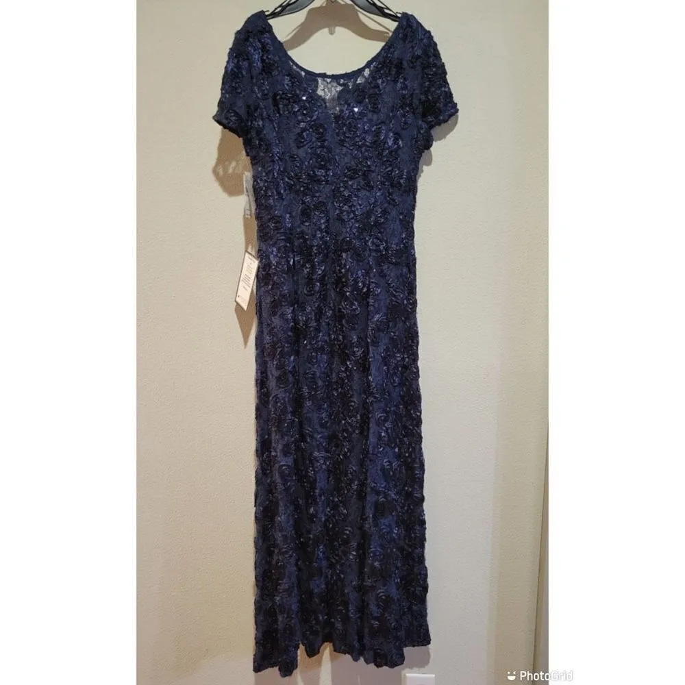 Alex Evenings Sequin Floral Lace Ribbon Rosette Round Neck Short Sleeve Gown - Image 8