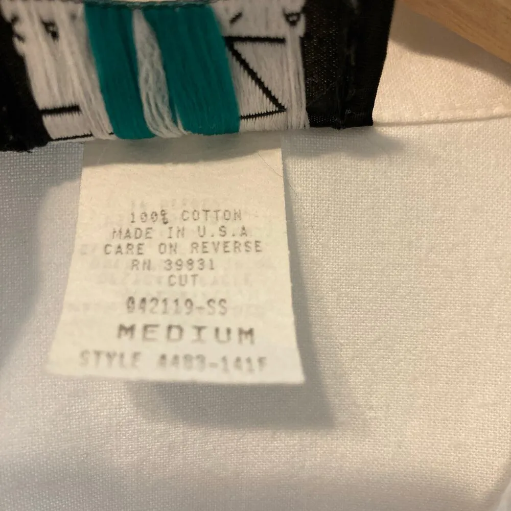 Vintage 90’s Fritzi California Retro White Blue Flowers Stripes Button Shirt Top Size M - Image 3