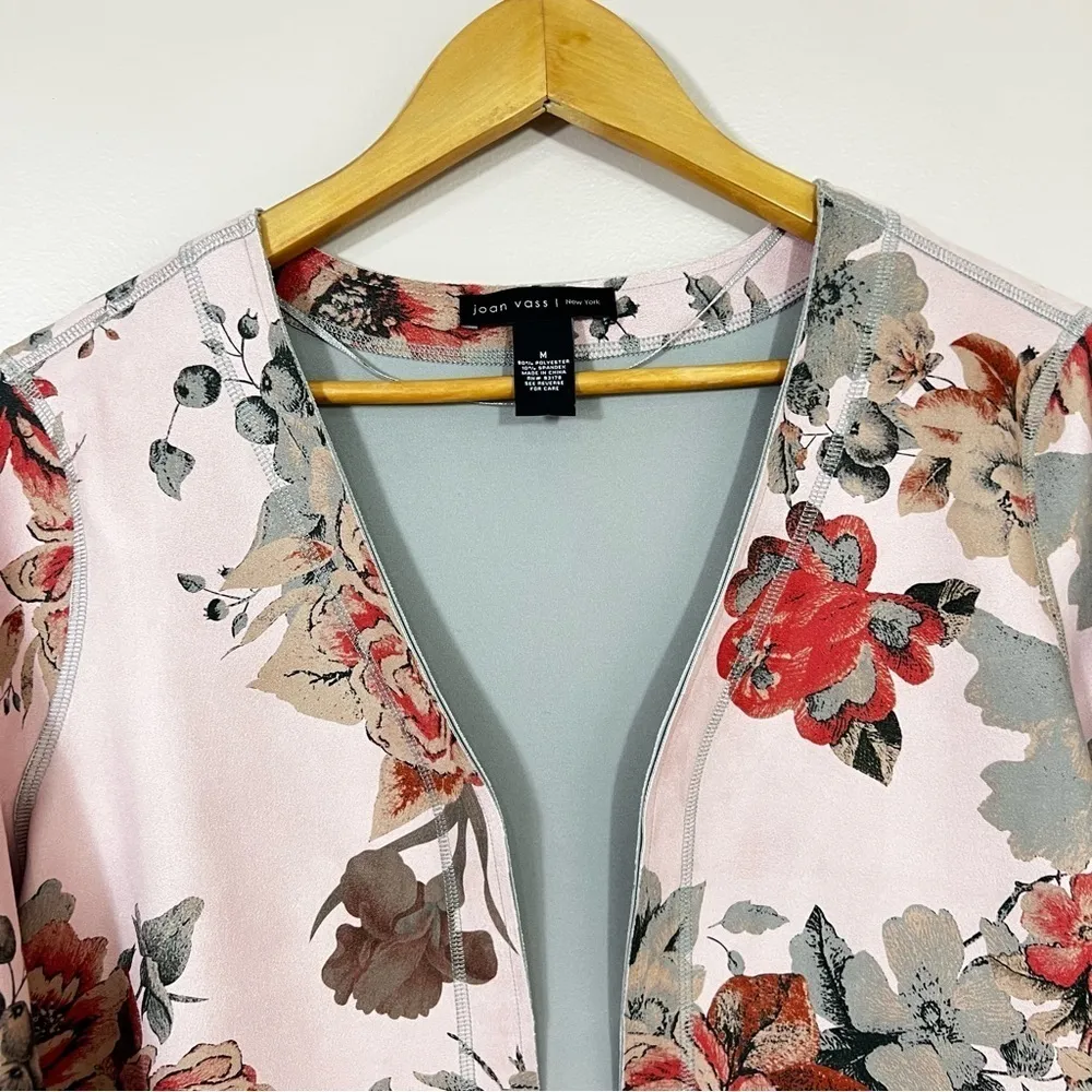 JOAN VASS Floral Blazer Jacket 3/4 Sleeve Faux Suede Open Front Duster M - Image 5