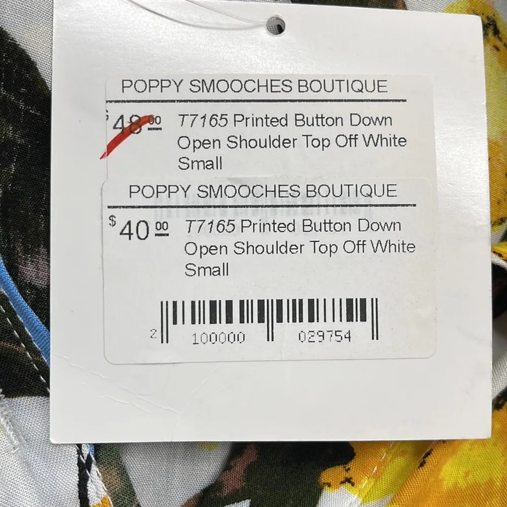 Entro NWT Off White Lemon Print Button Down Open Shoulder Ruffle Top - Image 10