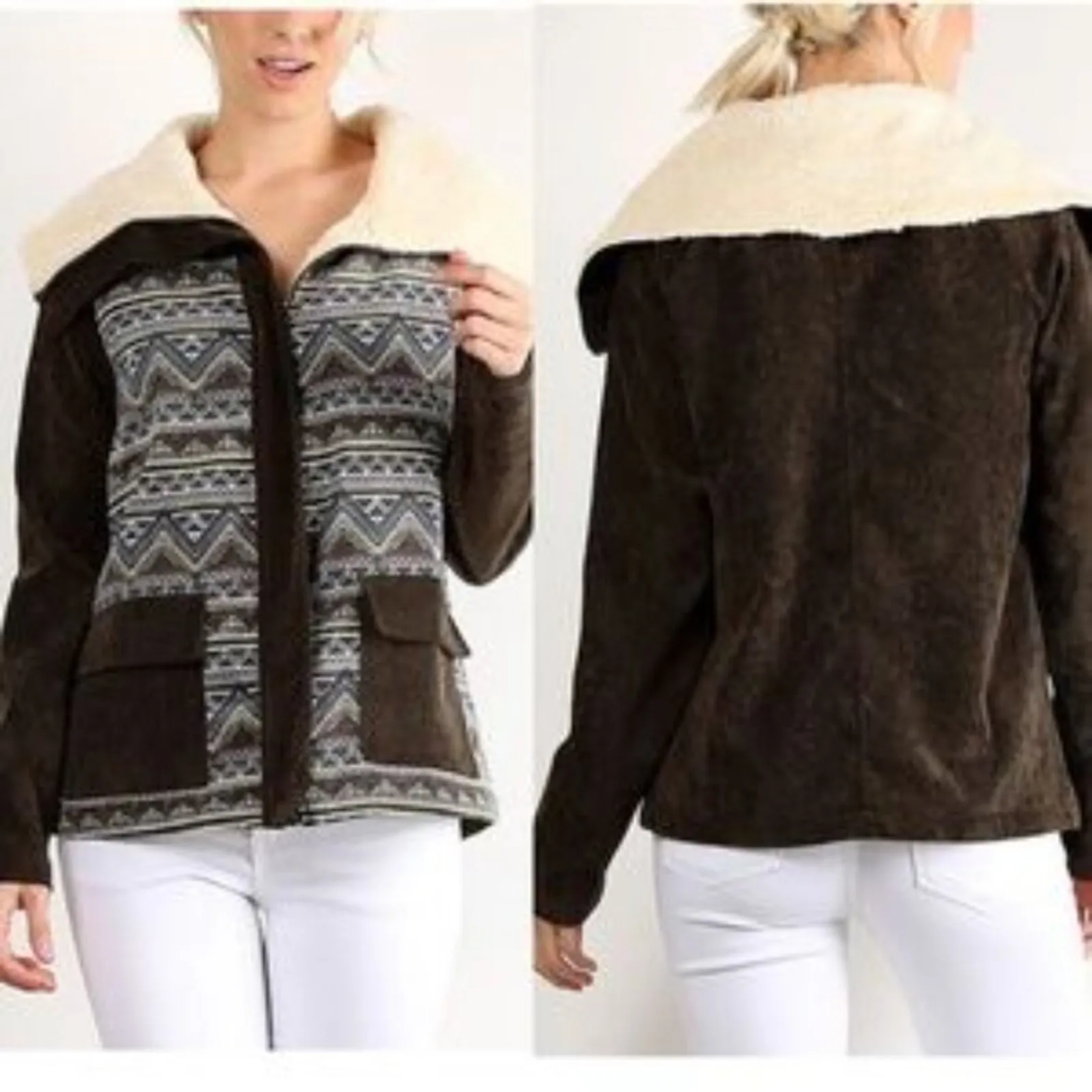 Hem & Thread Green Corduroy Patterned Jacket with Sherpa Cream Collar Size S - Image 2