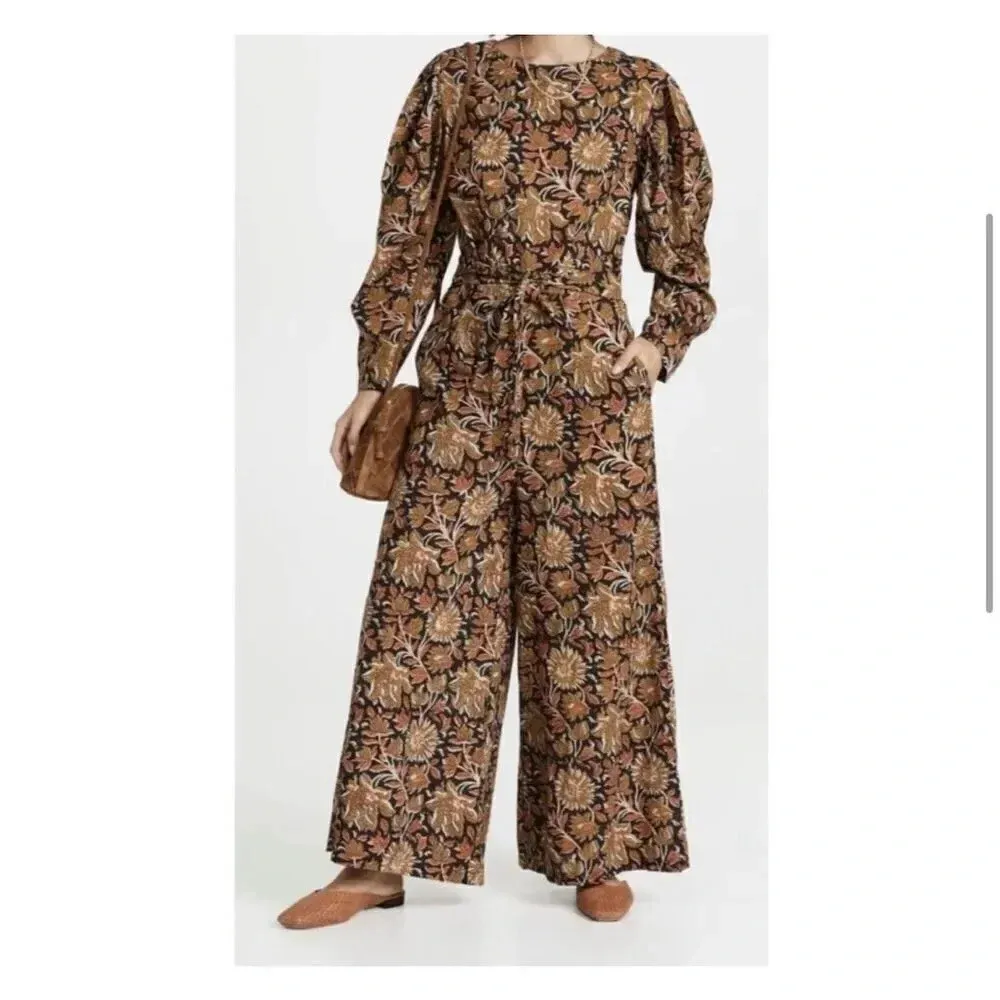 MILLE | Eva Jumpsuit Brown "Sunset Floral" Wide Leg Balloon Sleeve | Size Small Orange - Image 4