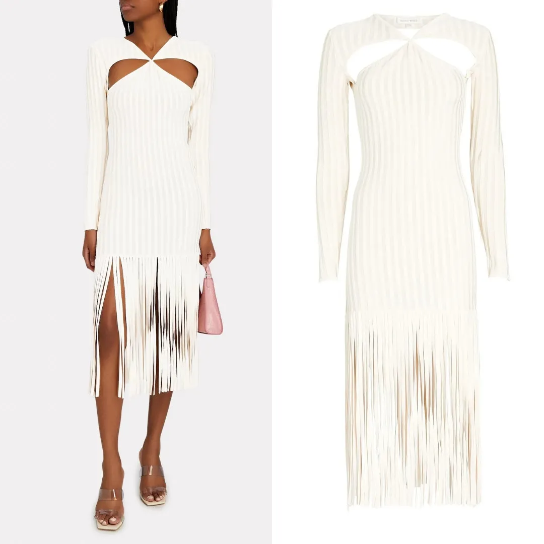 Ronny Kobo Dress Fringe Cut Out Long‎ Sleeve Knit Midi Dress Ivory Sz S - Image 2