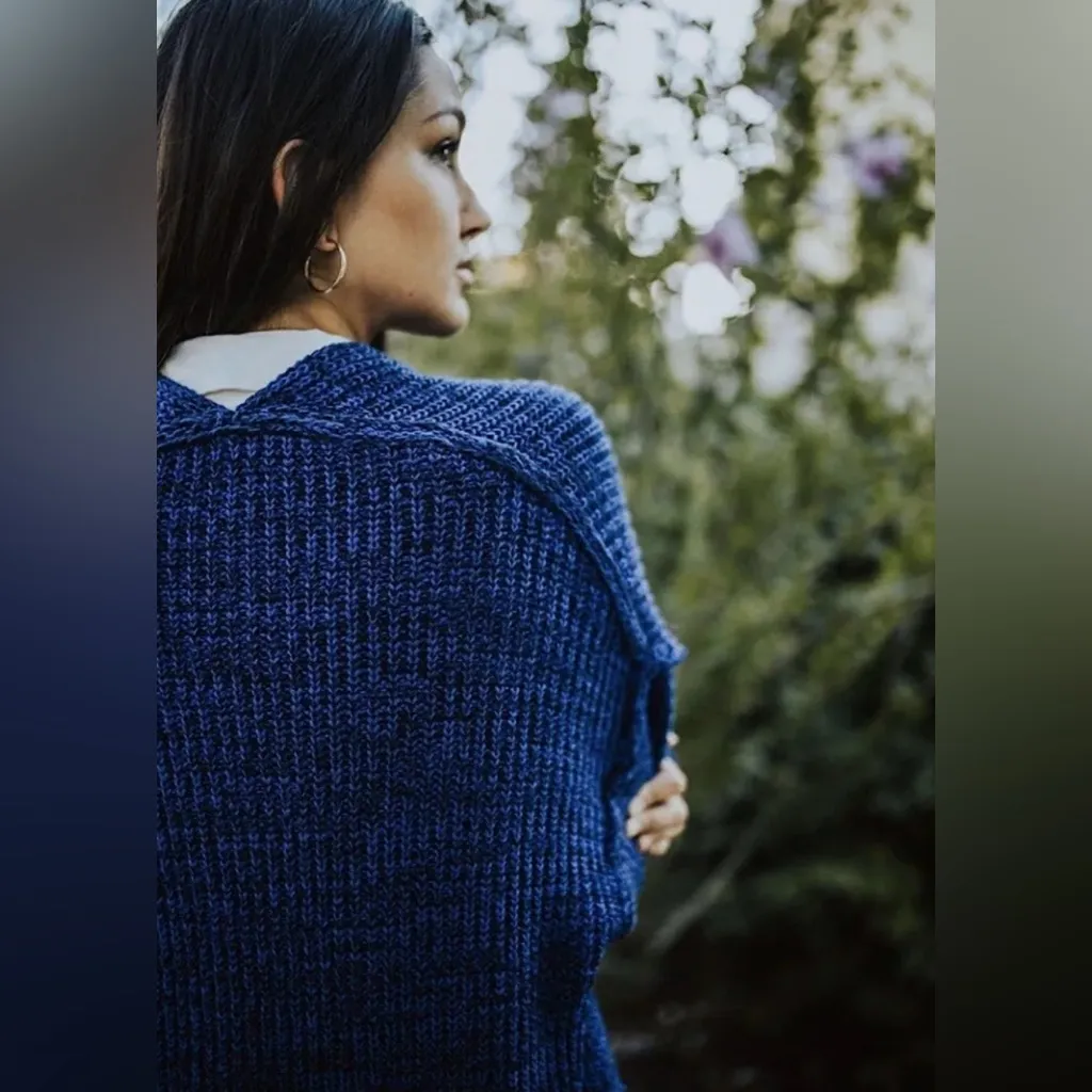 Free People High Hopes‎ Chunky Knit Open Front Cardigan in Blue Combo Size Large - Image 2