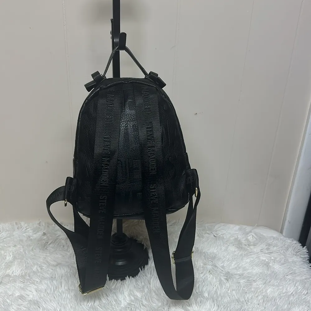 Steve Madden Mini Backpack Purse Black Embossed Leather Logo - Image 2
