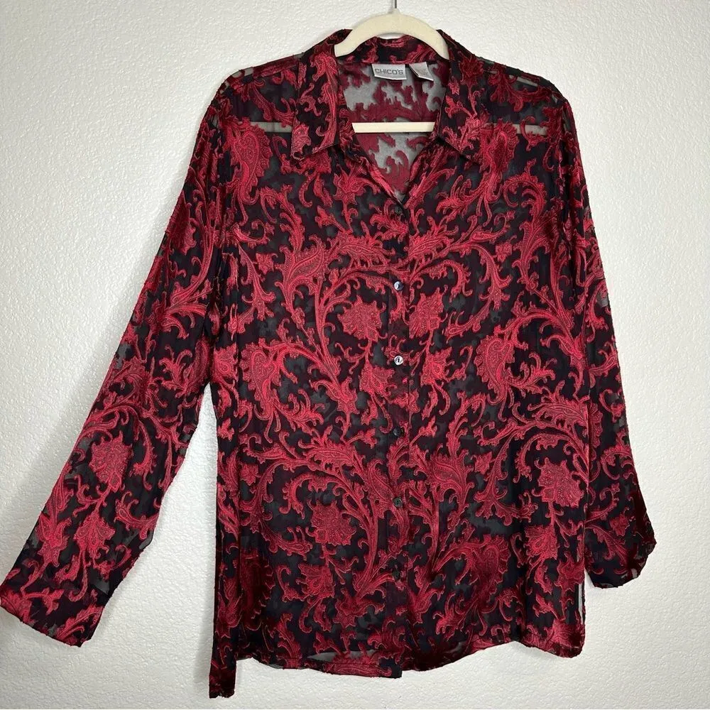 Chico’s Silk Blend Red Burnout Button Front Long Sleeves Tunic Shirt - Image 3
