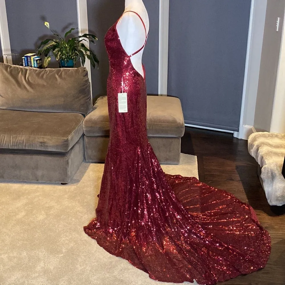 Women’s Burgundy Fully Sequined Mermaid Style Prom Party Dress Size S NWT - Image 5