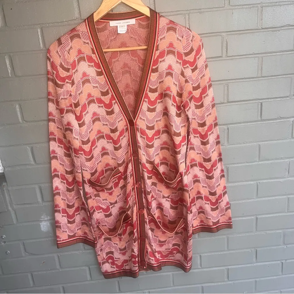 Marc Jacobs Runway Cardigan 100% Silk Four Patch Pockets Geometric S - Image 2