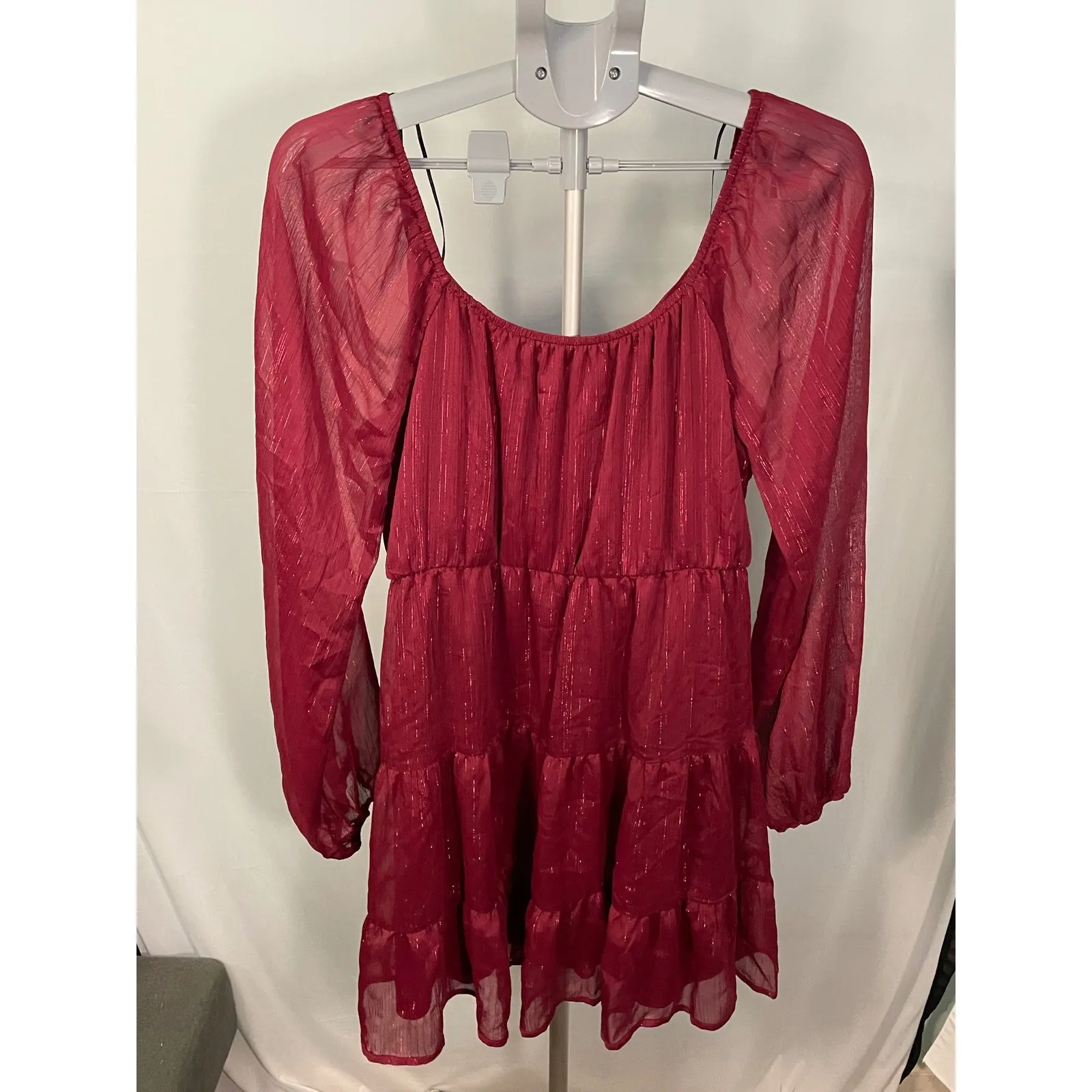 Altar State Burgundy Metallic Tiered Long Sleeve Babydoll Dress XL‎ - Image 3