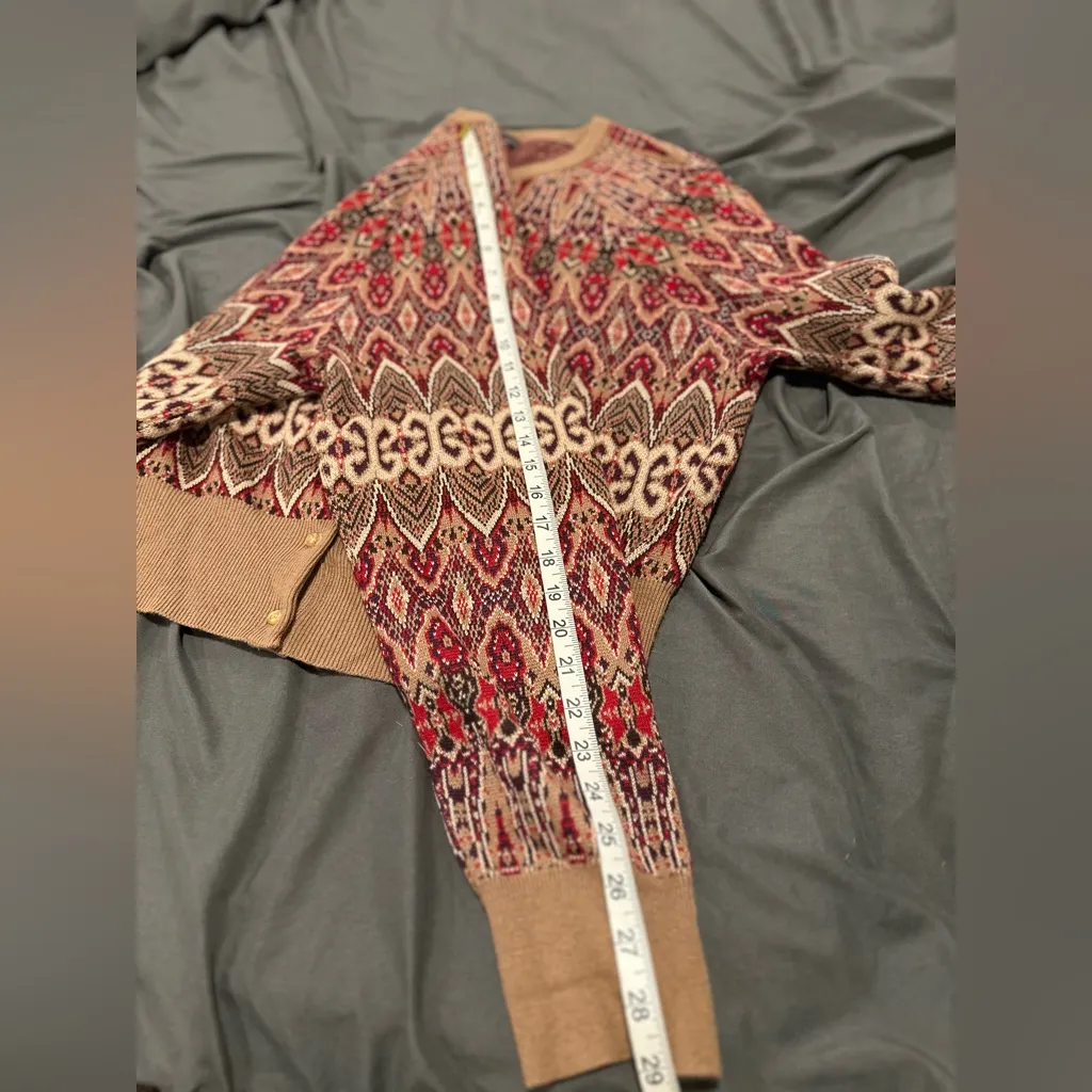 George Sz:XL Tan Red gold Shimmer Abstract Paisley Full Button Winter Cardigan. - Image 7
