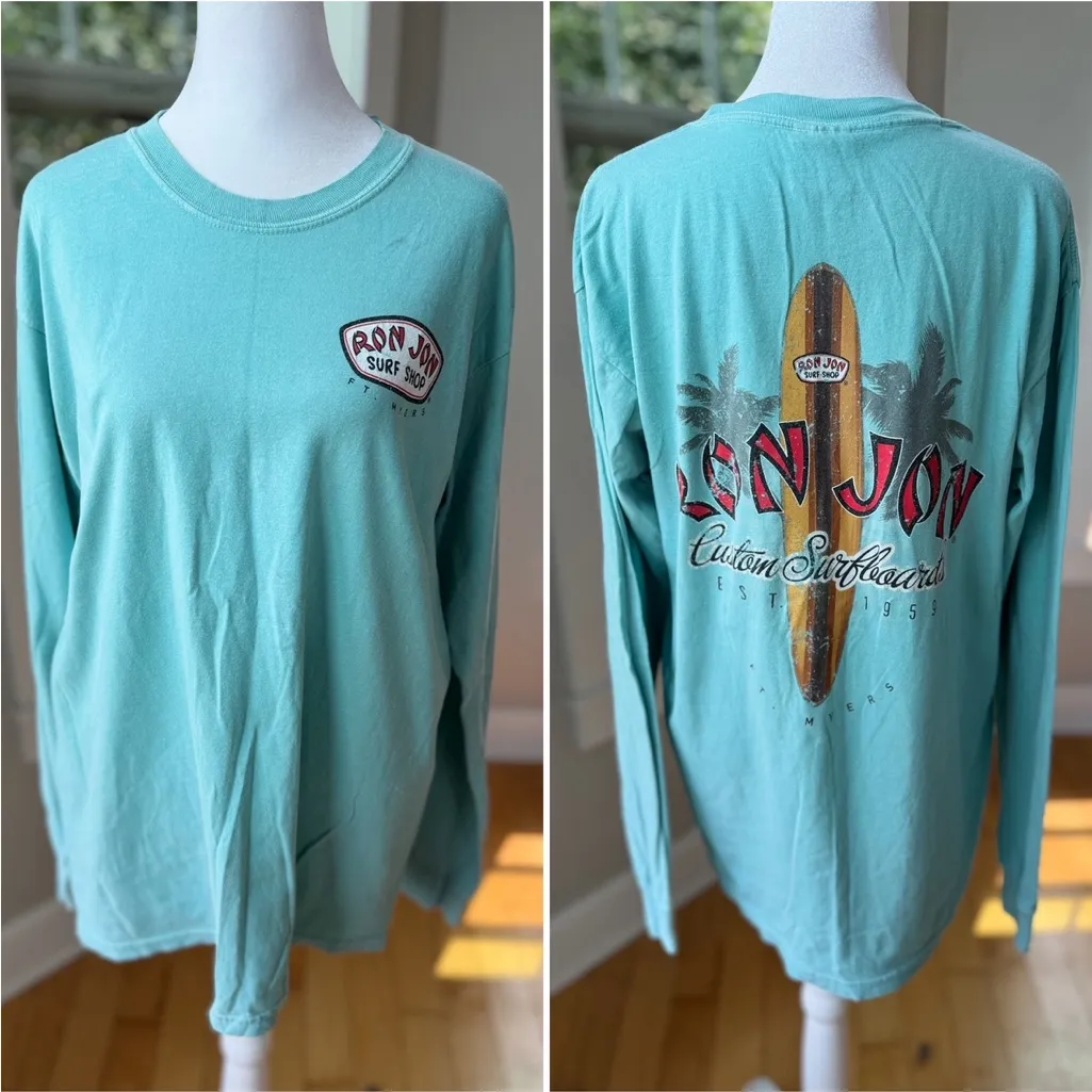 Ron Jon Surf Shop Turquoise Blue Long Sleeve Tee Shirt Size Medium 100% Cotton - Image 2