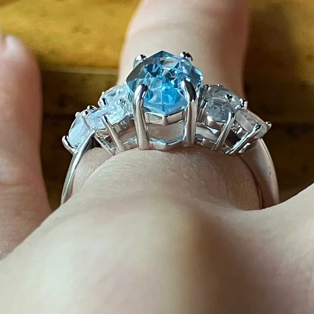 Genuine Sky Blue Topaz Rainbow Moonstone Sterling Silver Ring Size 7 - Image 2