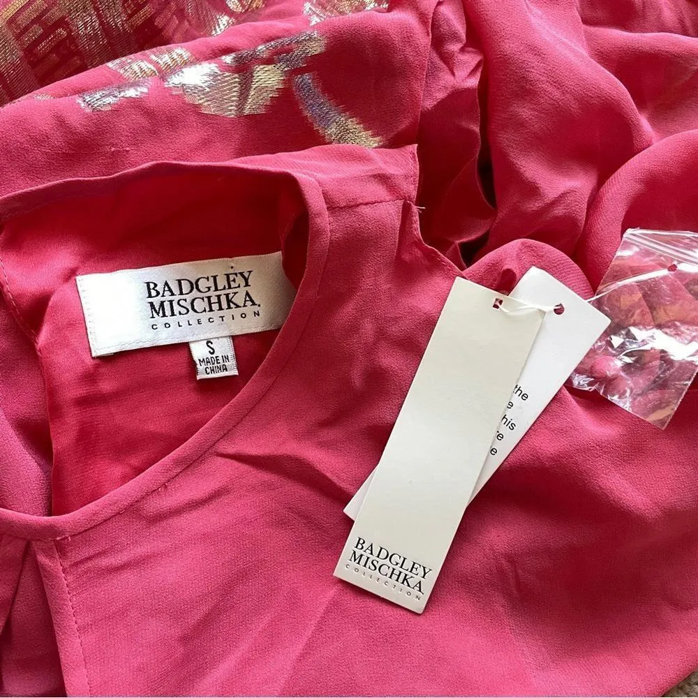 NWT Badgley Mischka Hibiscus Coral Mettalic Floral Poncho Caftan Dress Size: S‎ - Image 5