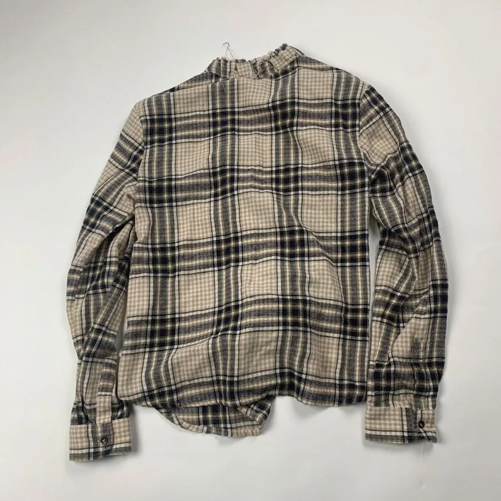 HEARTLOOM Womens Blouse Beige Navy Blue Black Small Plaid Flannel Long Sleeve - Image 2