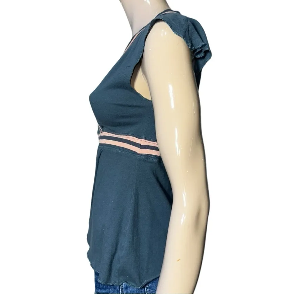 Free People Women’s Size S Gray Pique Pink Trim Surplice Crossover Shirt Top - Image 5