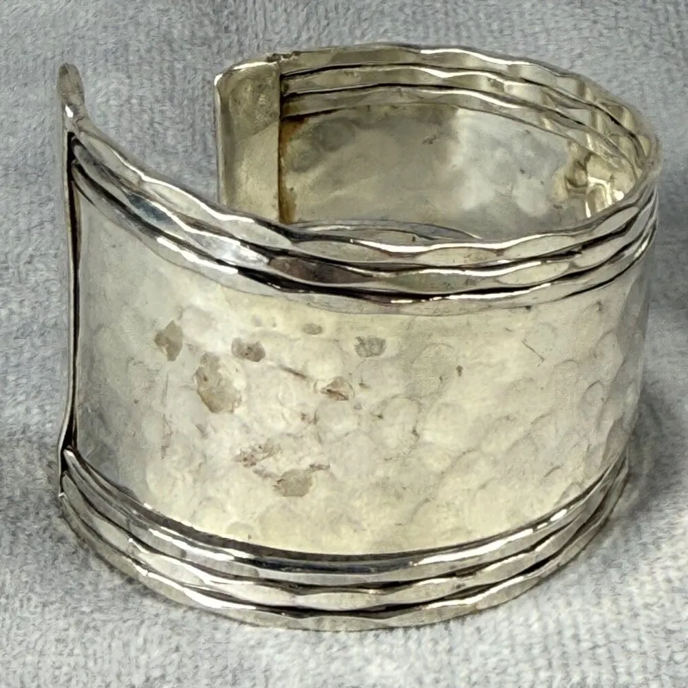 Hammered Silver Tone Metal Cuff Bracelet Asymmetrical Textured Adjustable Fit - Image 2