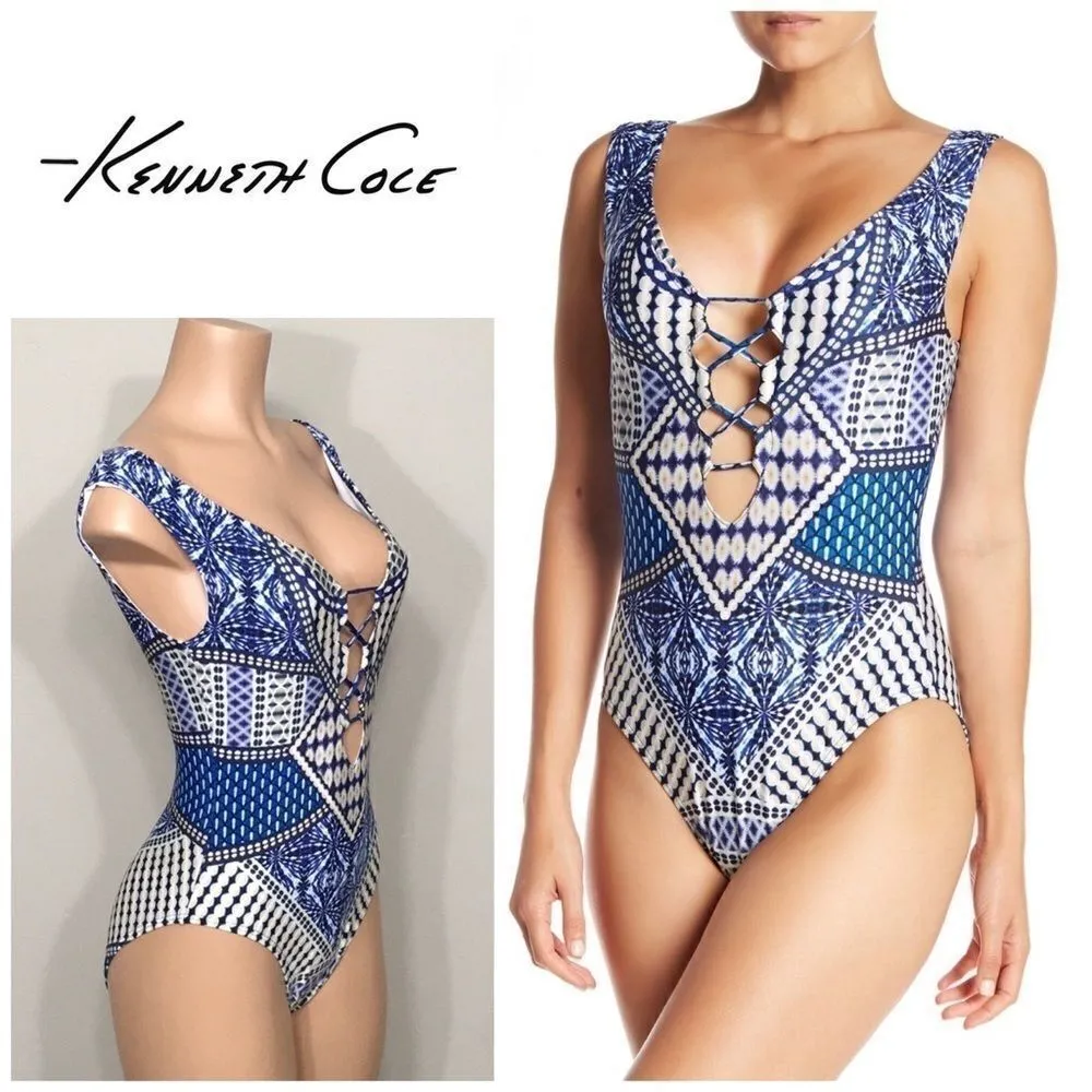 Kenneth Cole blue tummy control Plunge swimsuit - Image 2