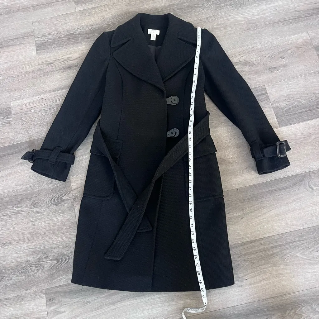 LOFT Ann Taylor Women’s Coat Wool Blend Black Textured Tie Size 4 Mid Length - Image 8
