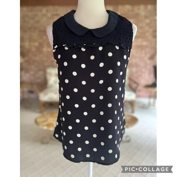 Tommy Hilfiger Top Polka Dot Smocked Black Sleeveless S Dressy Chic Work Retro - Image 2
