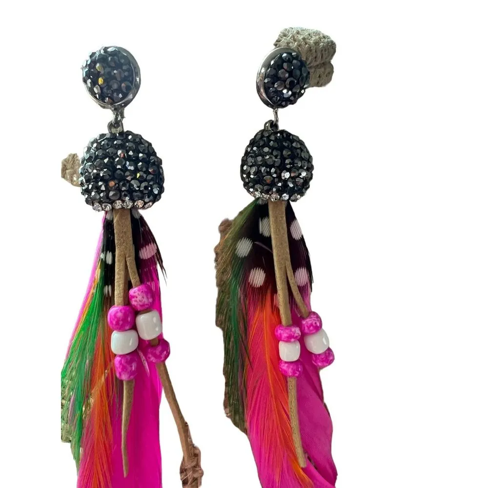 Feather Boho Glitz Pierced Earrings Bright Pink Beads Rhinestones 3.5" Long NWOT - Image 5
