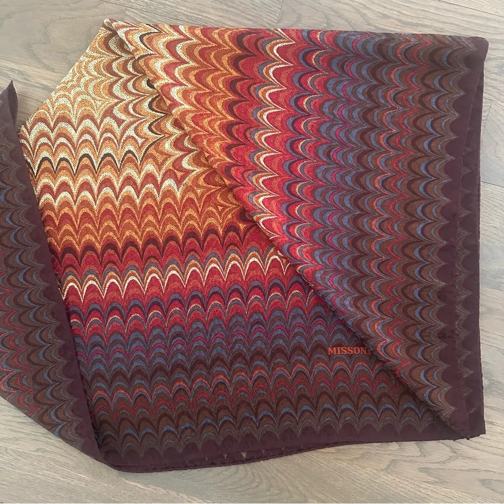 Vintage Missoni Marbled Silk Scarf in Red, Rust, Blue, Brown, Cream 33.5" Square - Image 8