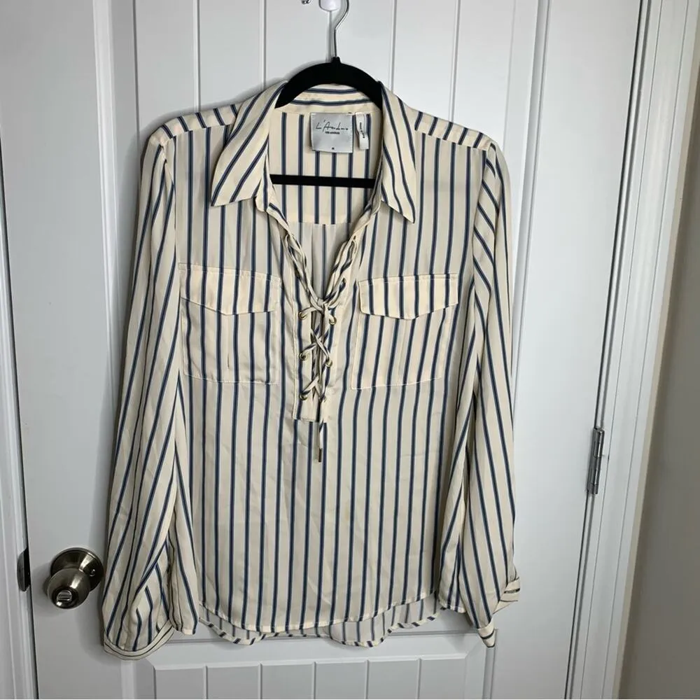 L’Academie Revolve striped lace up long sleeves white blouse size‎ medium - Image 2
