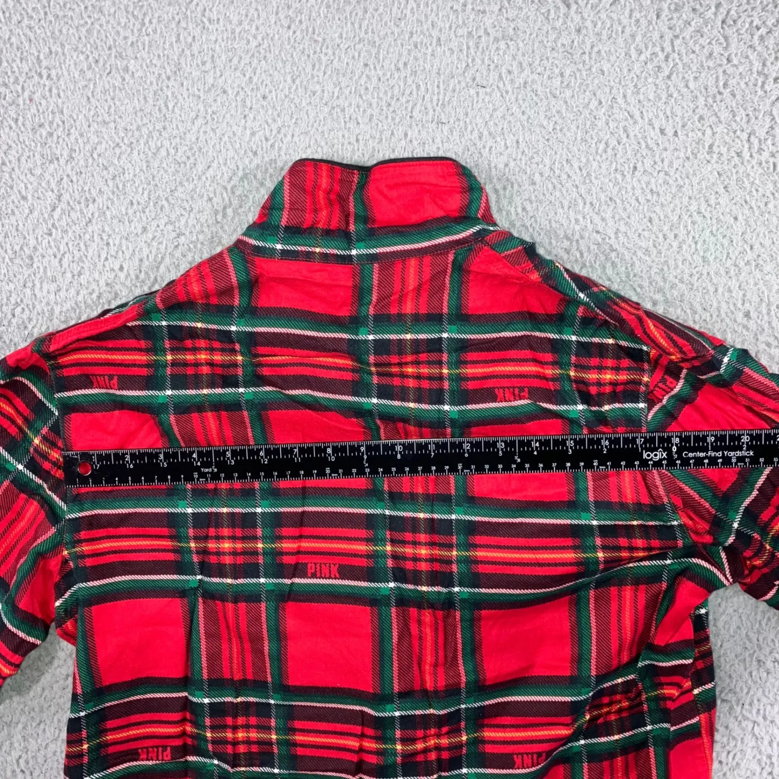PINK Victoria's Secret Plaid Flannel Pajama Shirt Cropped Red Green Women Medium - Image 9