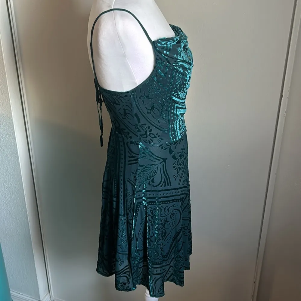 Urban Outfitters Strappy Back Cowl Neck A-Line Teal Velvet Burnout Mini Dress - Image 3