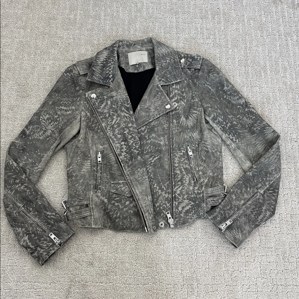 IRO “Salinas” 100% lamb leather camo printed moto biker jacket collared grey - Image 6