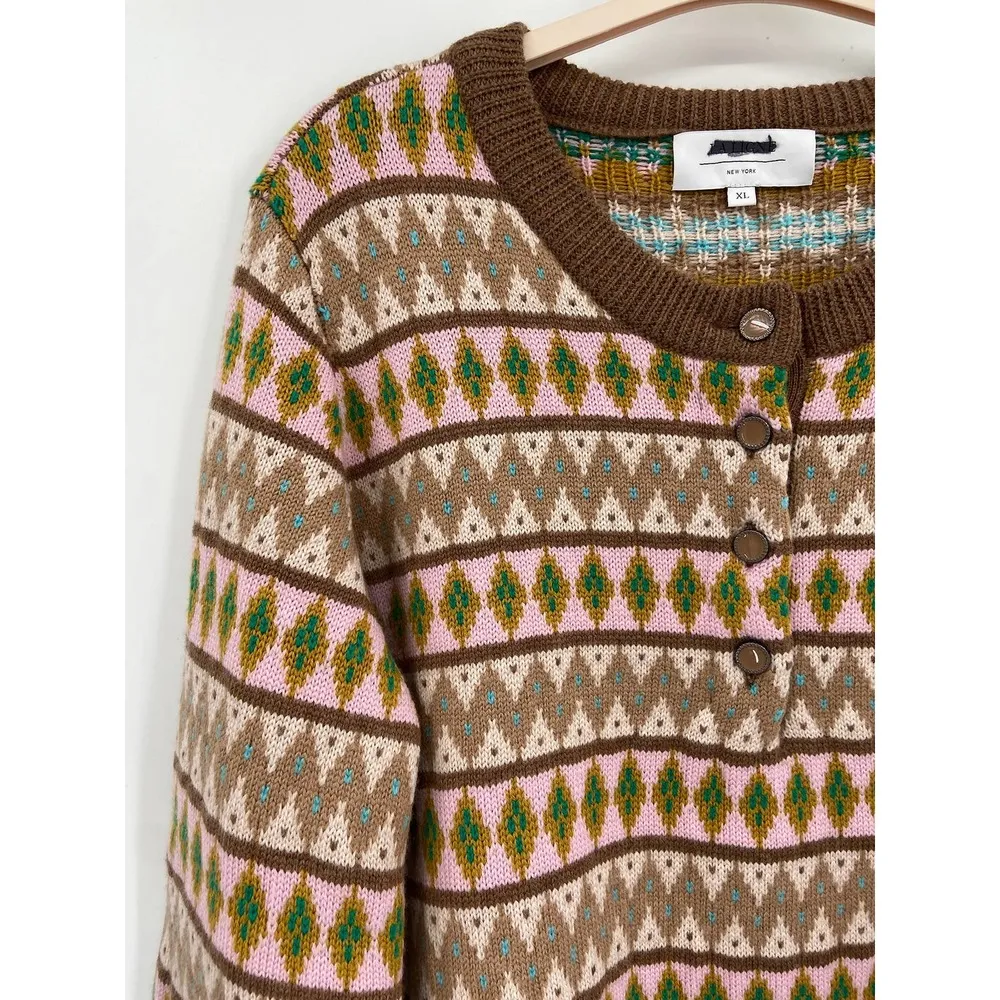 La Ligne Fair Isle Merino Wool Tan Henley Crewneck Pullover Sweater Size XL - Image 70