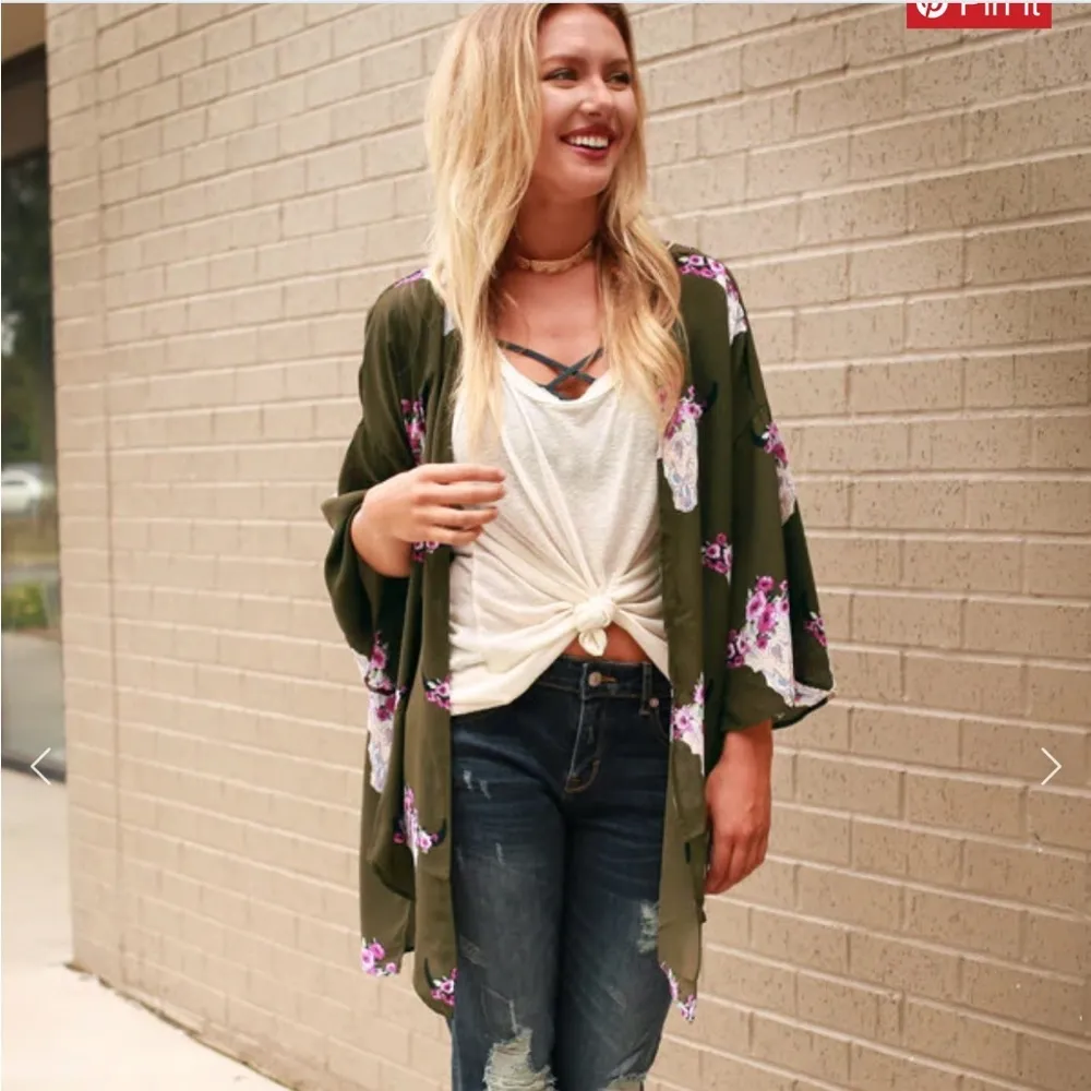PEACH Love green Texas longhorn floral print kimono size small - Image 2