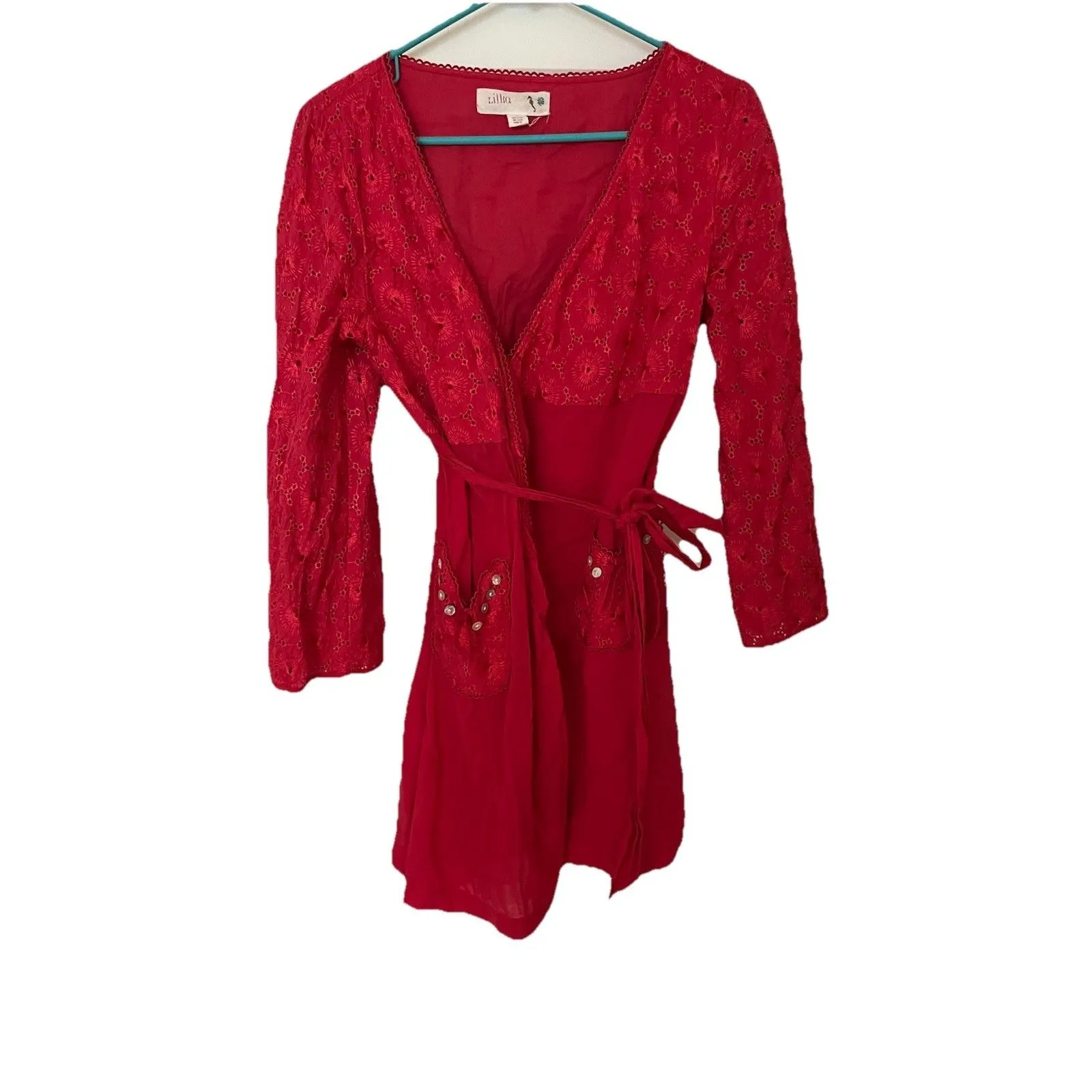 lilka anthropologie Red Wrap Dress Size Small Eyelet Pockets Cotton Casual - Image 3