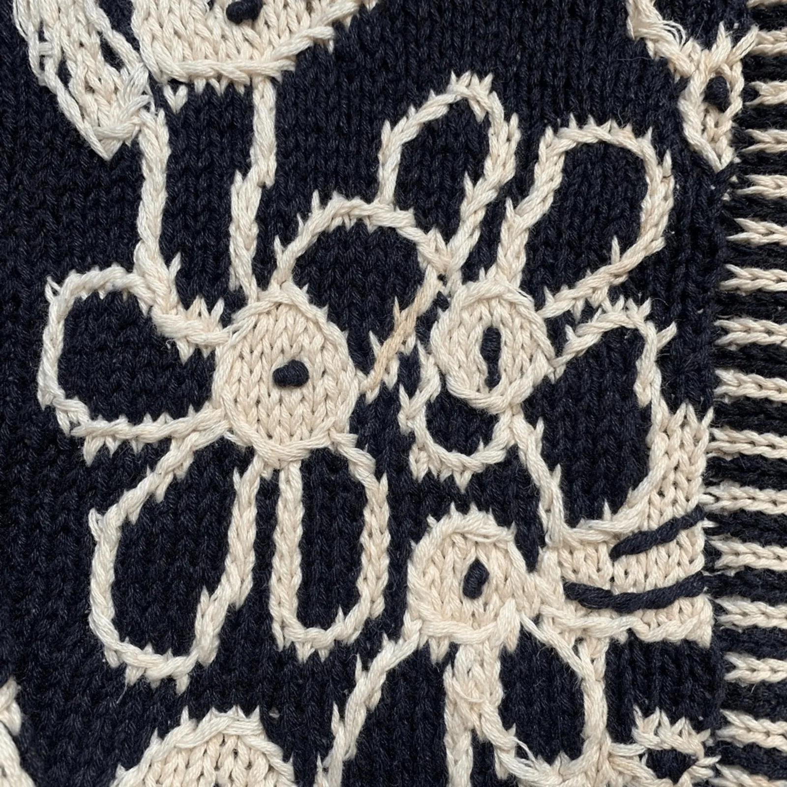 Vintage Express Handknit Floral Cardigan Black Cream XS Chunky Cottage Eclectic - Image 7