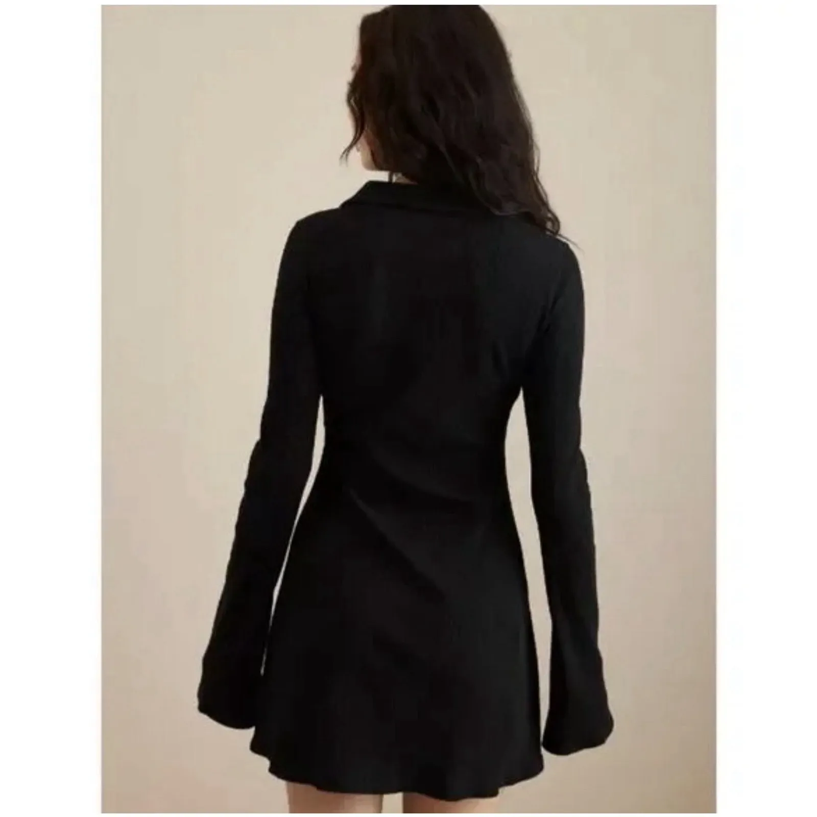 American Eagle Collared Skater Dress Size Medium Black Bell Long Sleeve Ribbed - Image 2