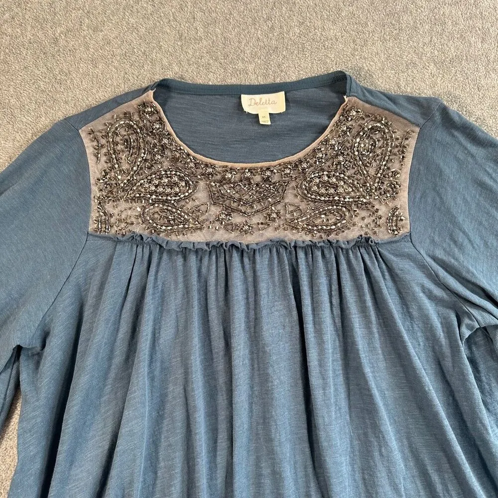 Anthropologie Deletta Josephine Top Size XS Blue Embellished Beaded Wing Sleeve - Image 3