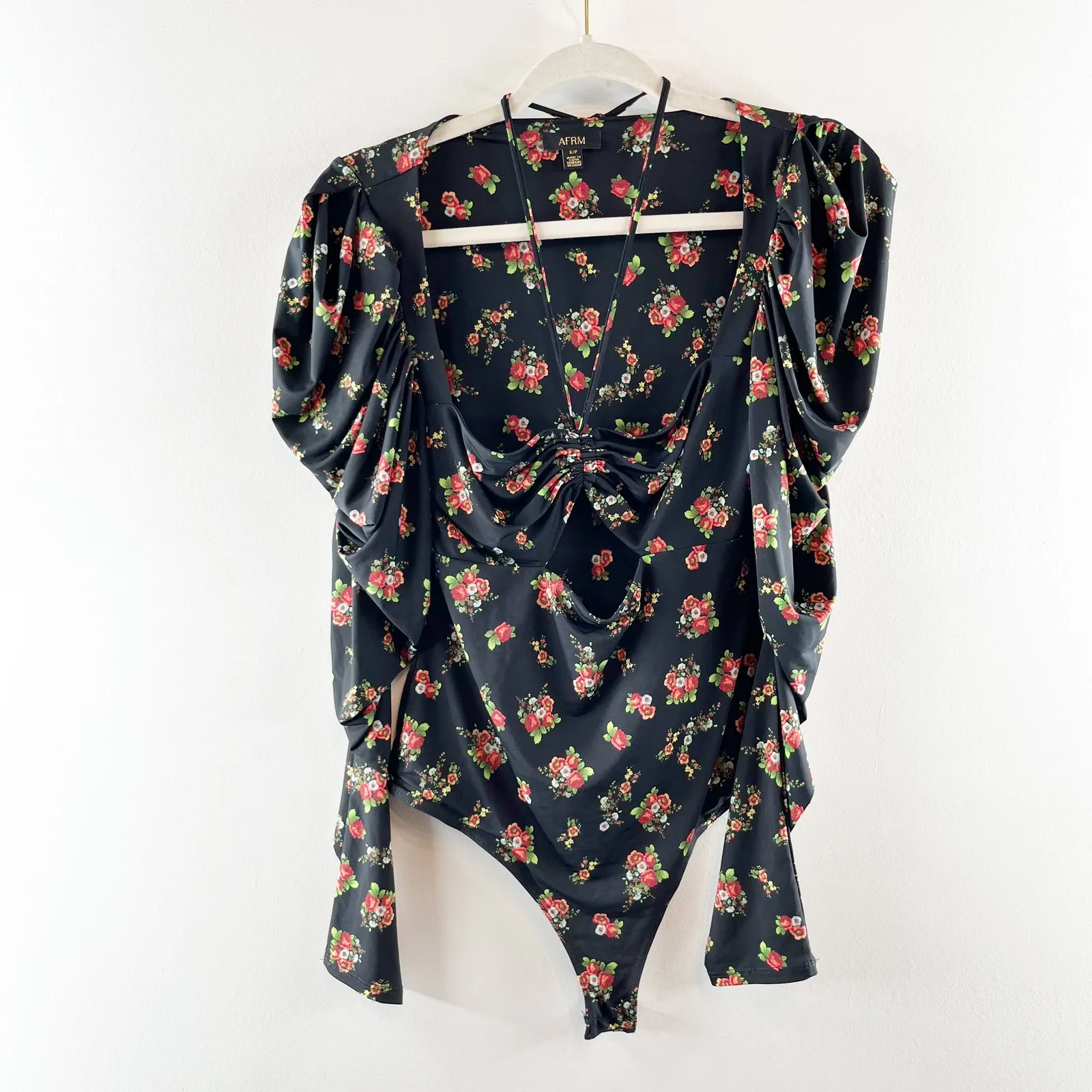 AFRM Coppelia Halter Neck Thong Bodysuit Noir Rose Garden Small Black - Image 6