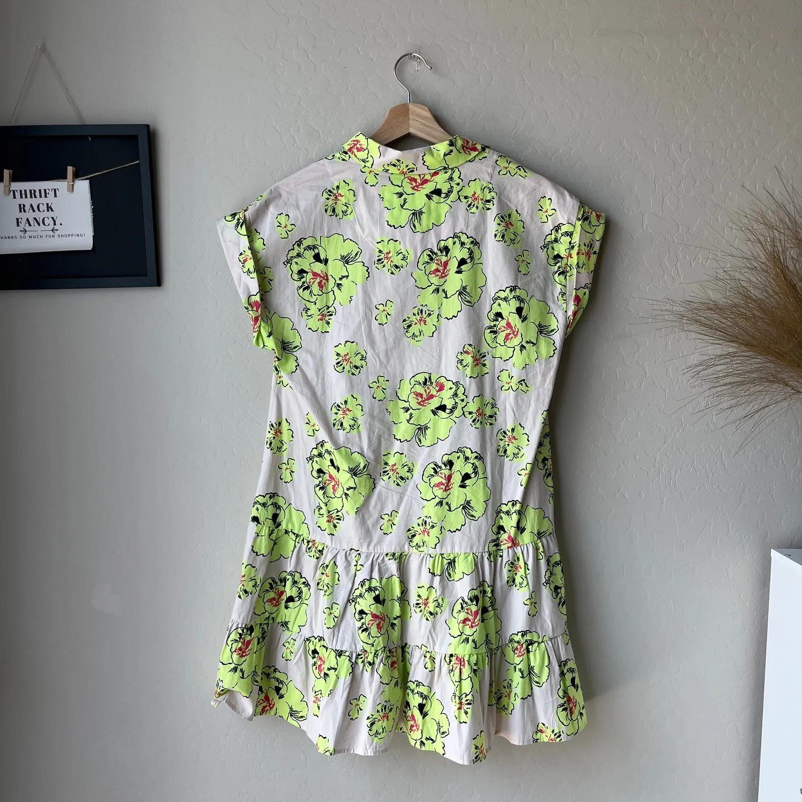 Maeve Anthropologie Dress Cream Neon Floral‎ Tiered Minidress Size Small Green - Image 5